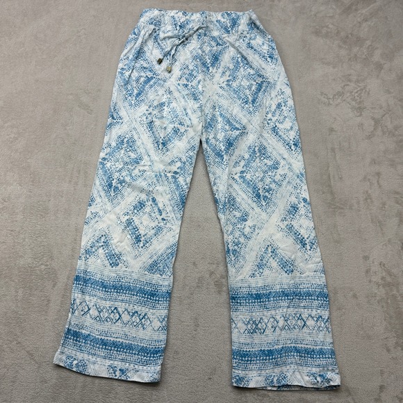 Hester & Orchard Pants - Hester & Orchard Wide Leg Pants Women Small Blue White Geometric Boho Chic Beach